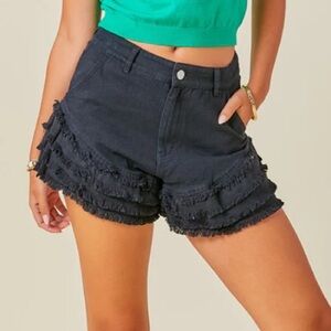 Black Jean Shorts with Distressed Ruffle Hem